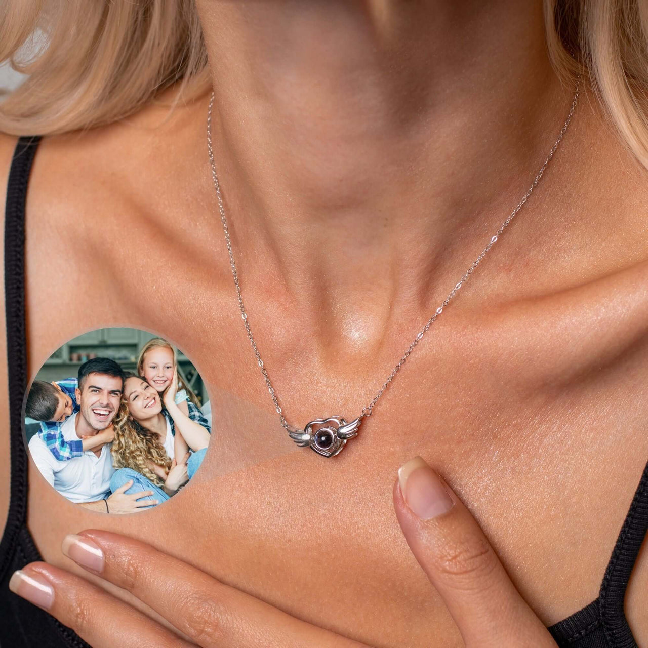Flying Heart Photo Necklace by Brother & Sisters featuring a heart-shaped pendant with wings and a personal photo.