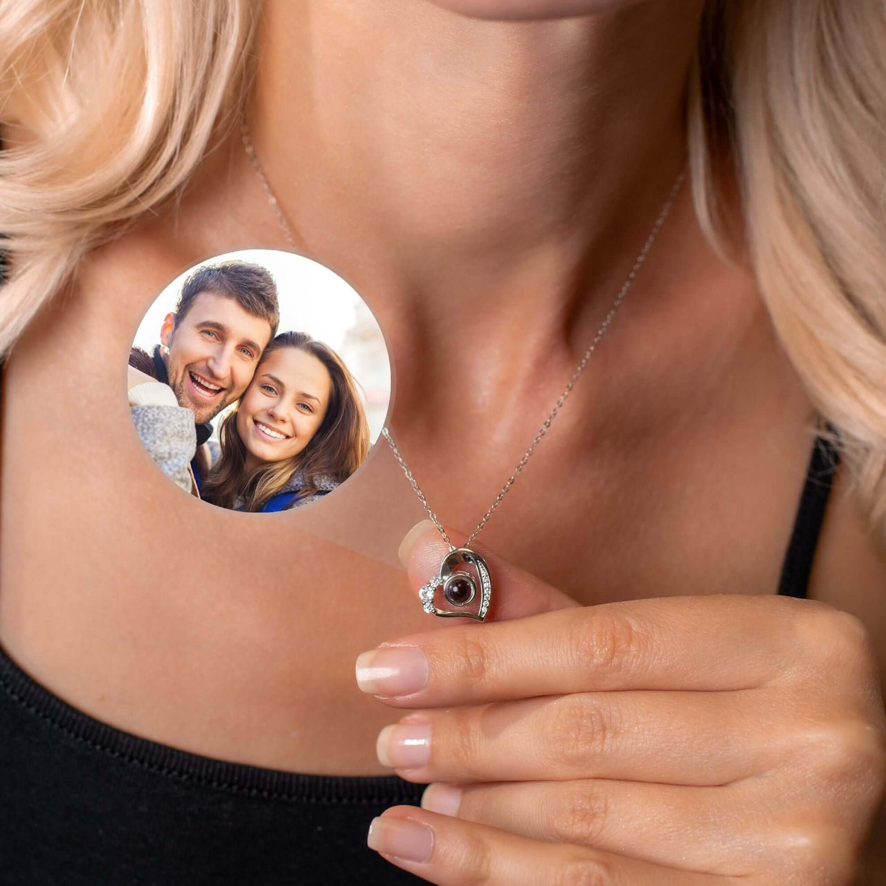 Girlfriend Photo Necklace featuring a personalized photo pendant by Brother & Sisters, ideal for cherishing memories.