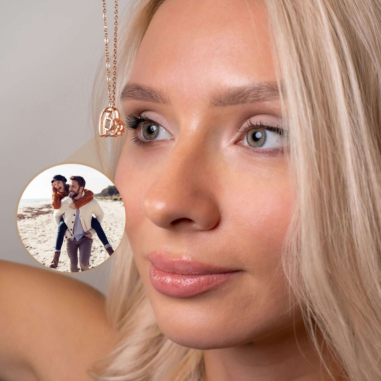 Girlfriend Photo Necklace worn by a woman, featuring a personalized pendant from Brother & Sisters.