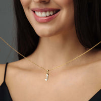 Thumbnail for Hope Initial Necklace worn by a smiling woman showcasing elegant gold design and custom letter 'J' charm.
