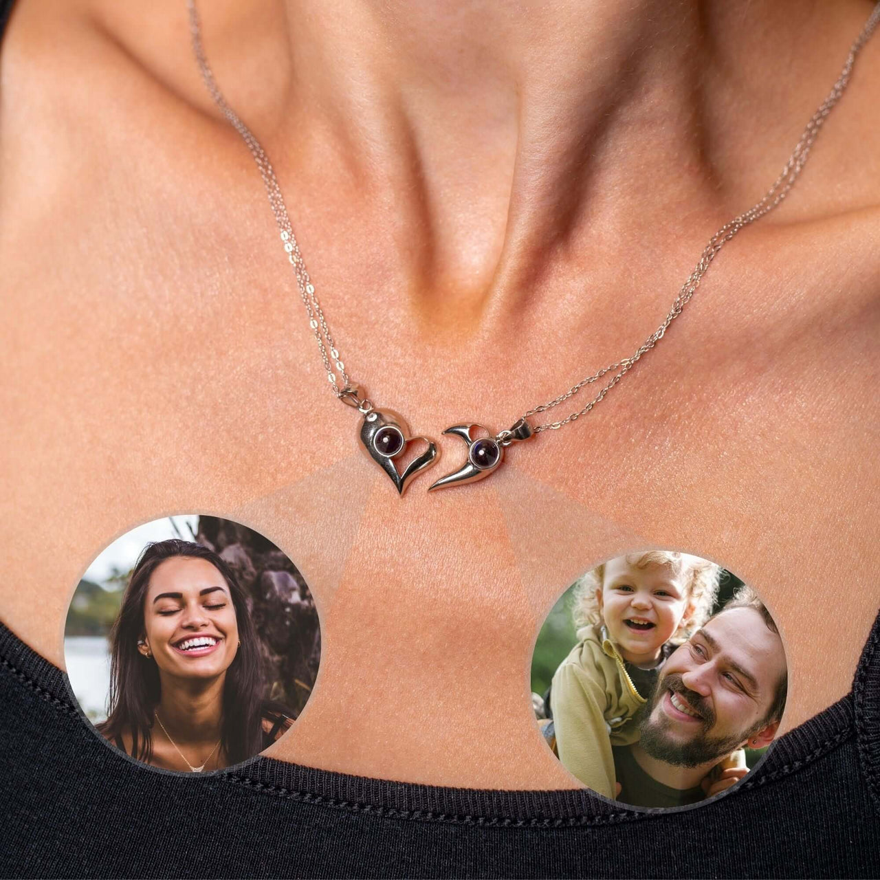 Half-Heart Photo Necklace Set showcasing personalized photos of loved ones by Brother & Sisters.