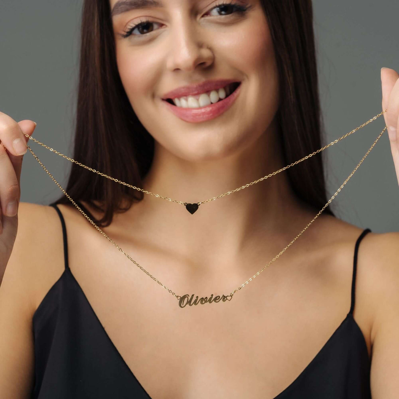 Heart Name Necklace by Brother & Sisters featuring a chic heart charm and a personalized nameplate.
