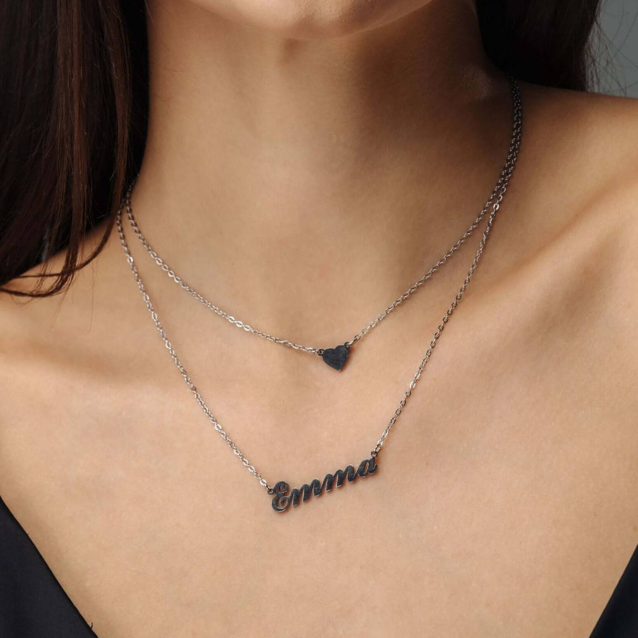 Heart Name Necklace with personalized nameplate and heart charm by Brother & Sisters, showcasing elegance and individuality.