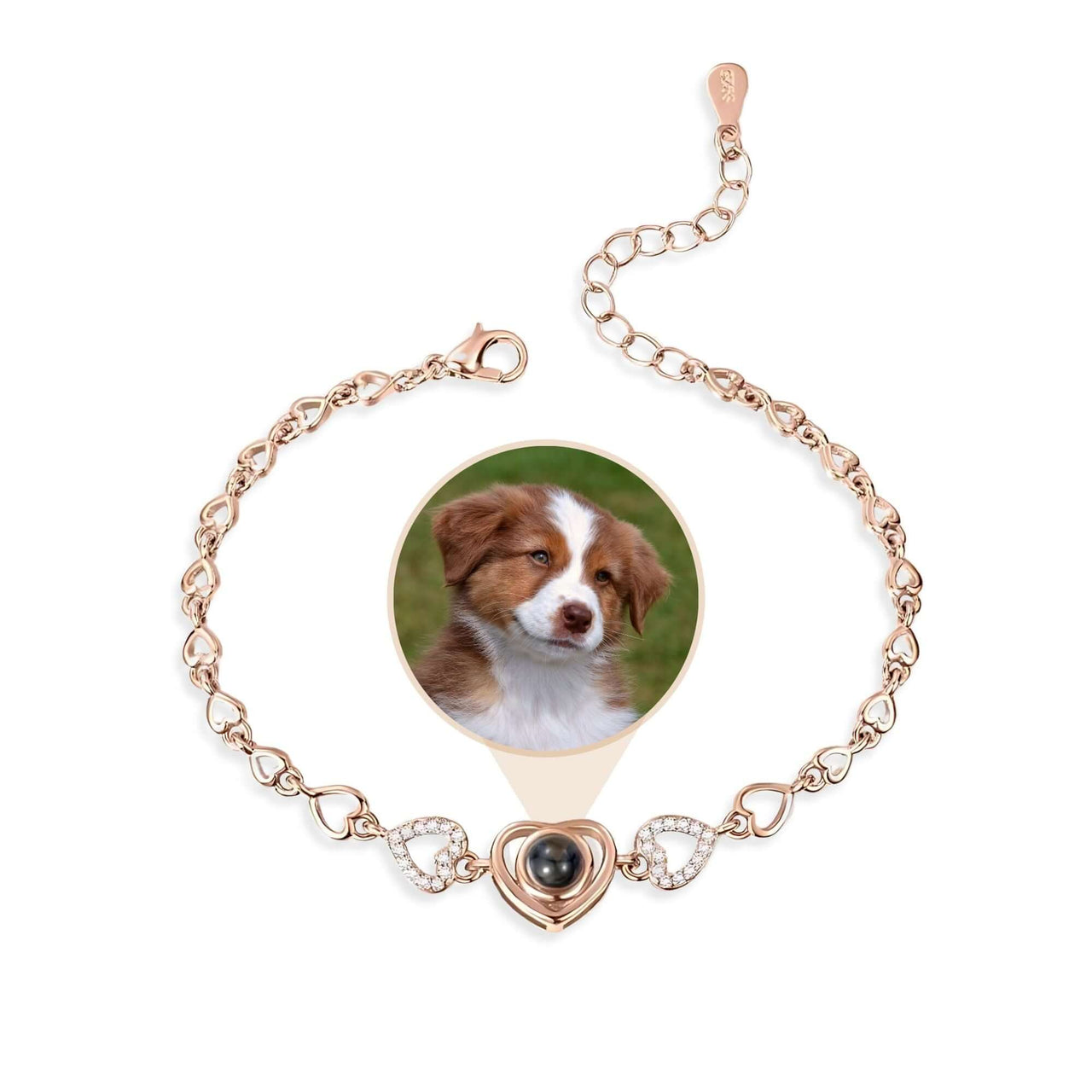 Hearts Personalised Bracelet by Brother & Sisters featuring a heart pendant and a photo of a cherished pet.