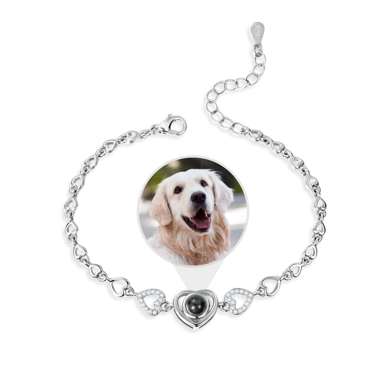 Hearts Personalised Bracelet with heart-shaped pendant and a photo of a happy golden retriever by Brother & Sisters.