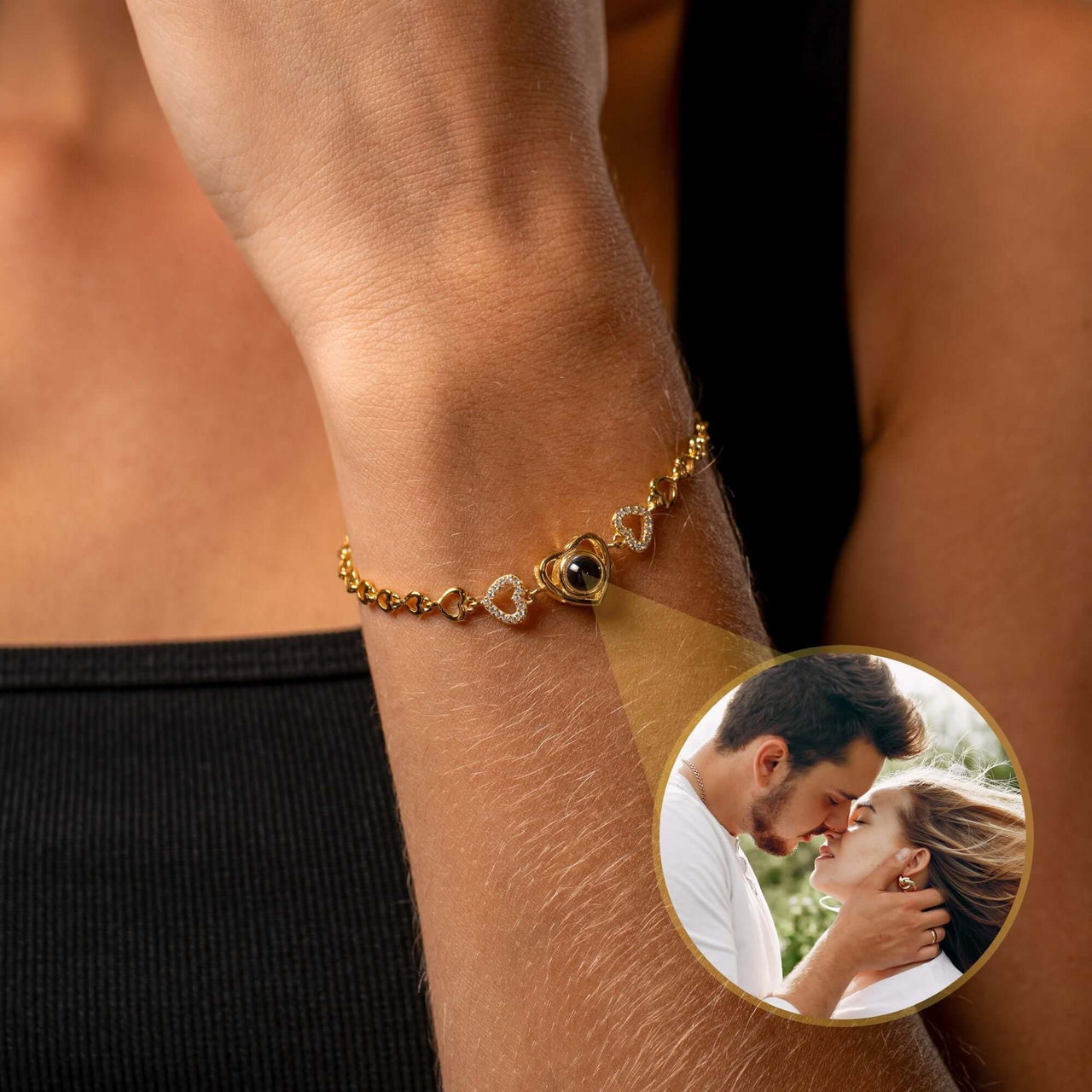 Hearts Personalised Bracelet worn on wrist showcasing a heart pendant, featuring a photo of a couple, by Brother & Sisters.