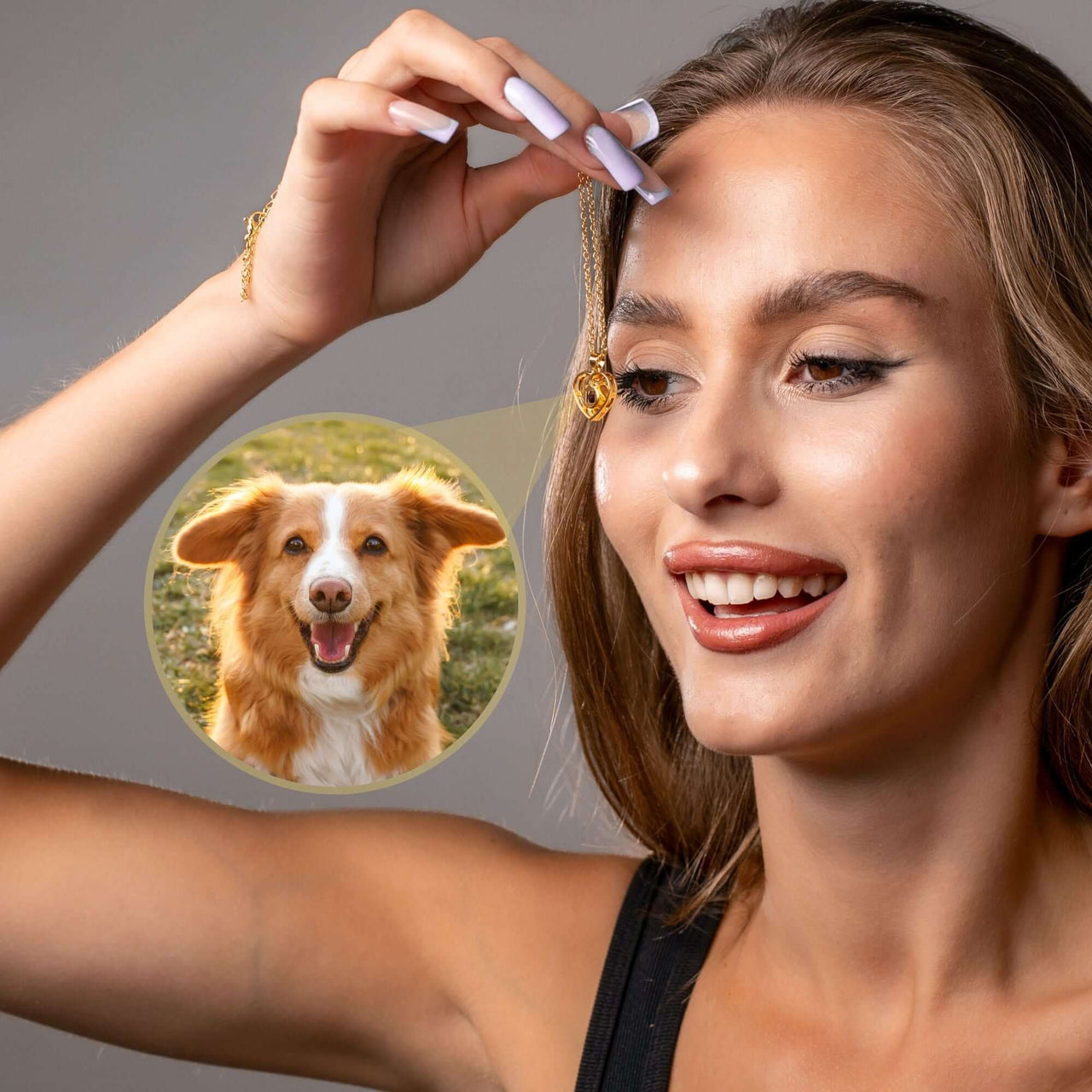 Hearts Photo Necklace by Brother & Sisters featuring a woman with a heart-shaped locket showing a dog's photo.