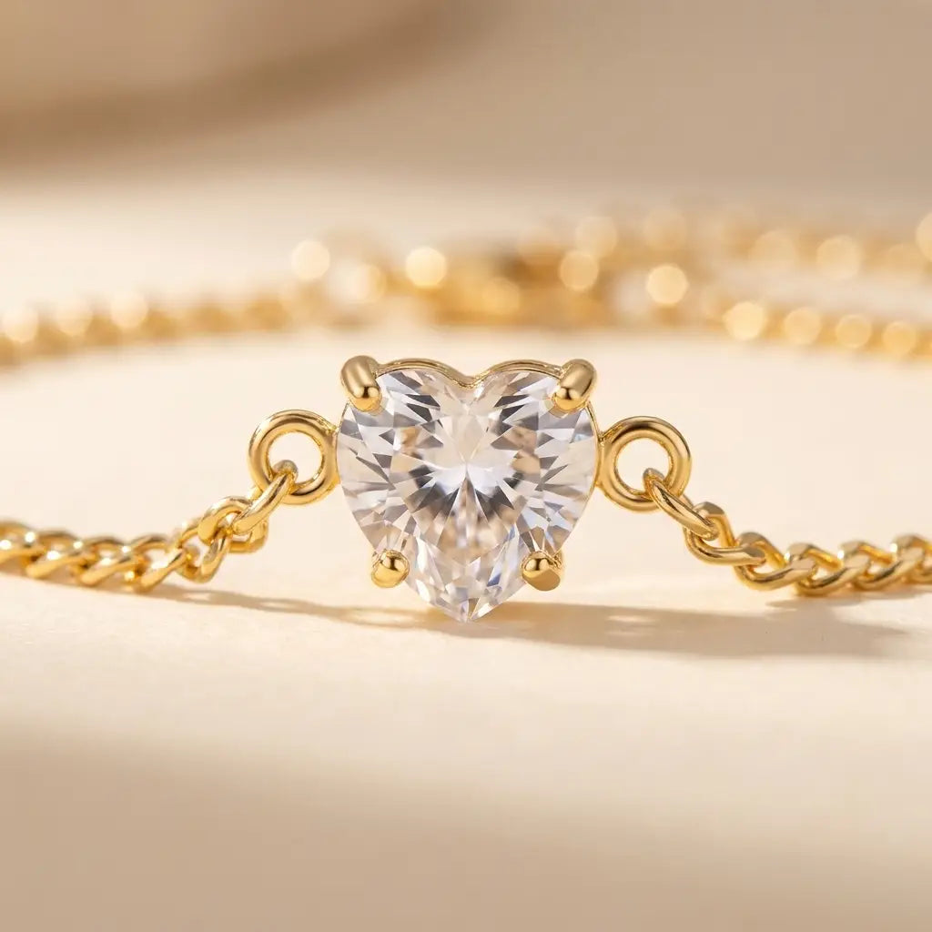 Heart-shaped crystal in 4-prong solitaire setting, gold macro detail