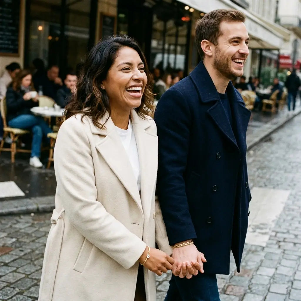 Mexican-French couple laughing in Parisian street wearing gold Heart Bond bracelets