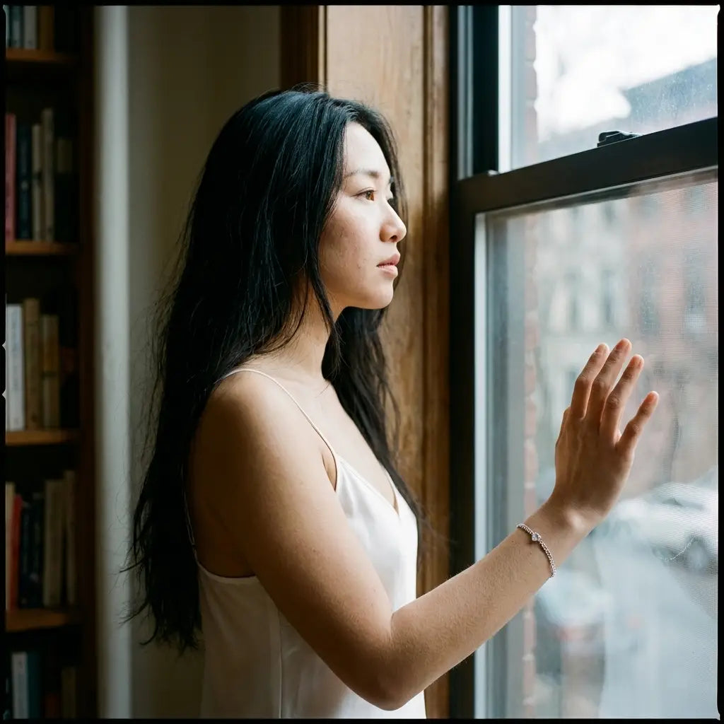 Chinese woman by Brooklyn brownstone window wearing Her silver Heart Bond bracelet