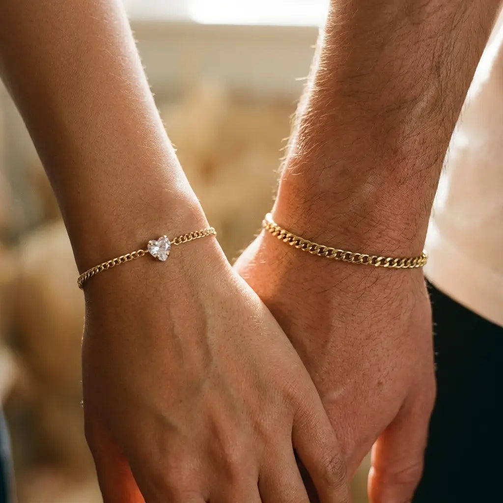 Heart Bond Matching Bracelet Set — gold couple wrist close-up, dainty Her + slim His