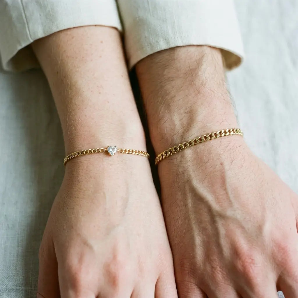 Heart Bond Matching Bracelet Set — gold couple wrists on linen, dainty Her + slim His