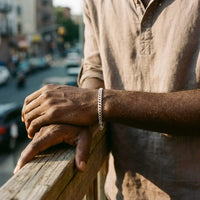Thumbnail for Senegalese man wearing His silver Heart Bond bracelet, urban Brooklyn