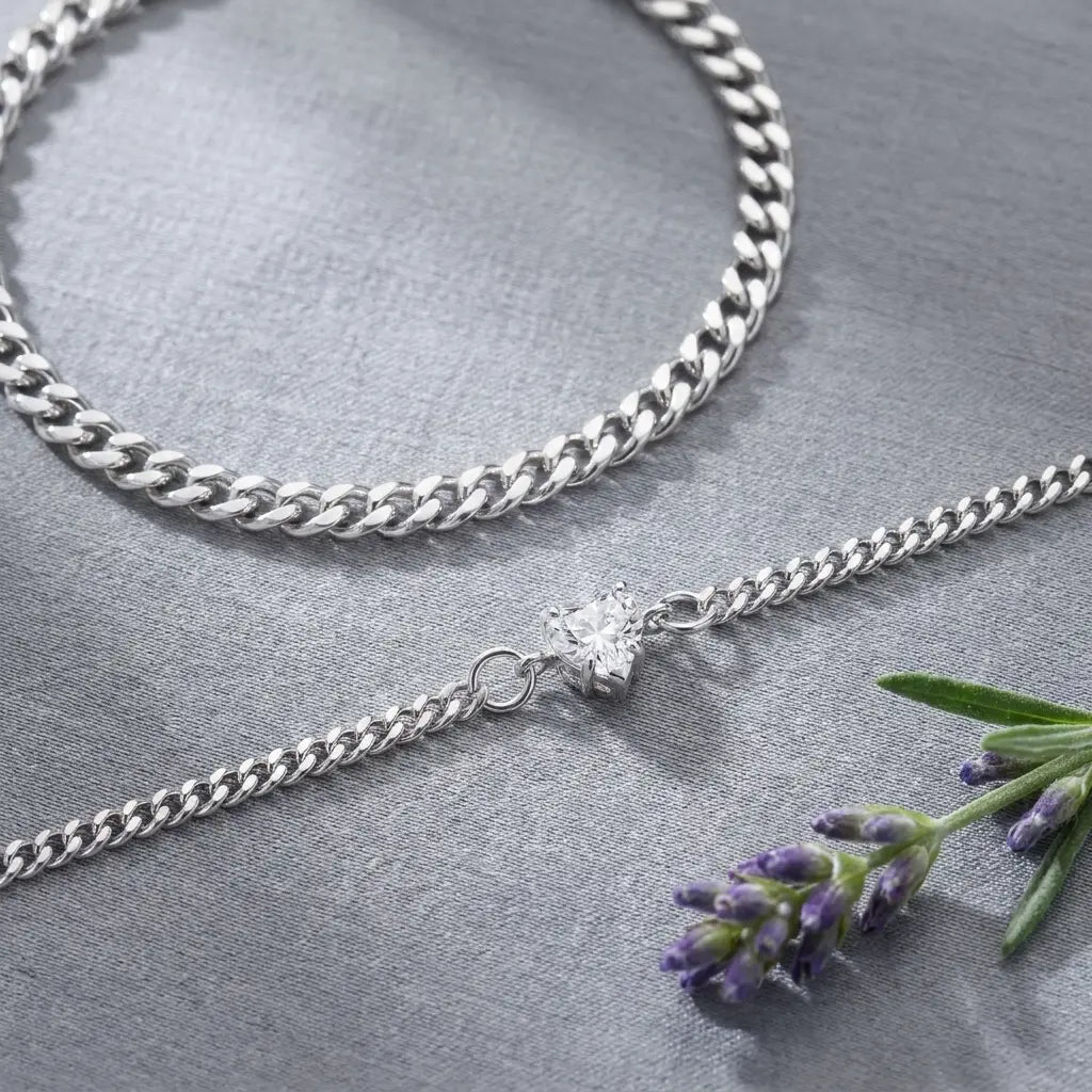 Silver Heart Bond Matching Bracelet Set flatlay editorial on dove silk with lavender