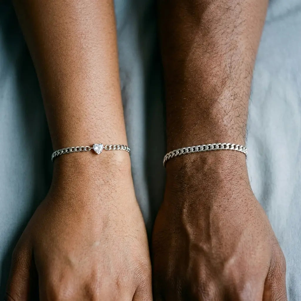 Silver couple wrist close-up, dainty Her + slim His