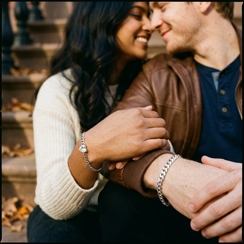 Couple wearing Heart Bond bracelets brownstone autumn