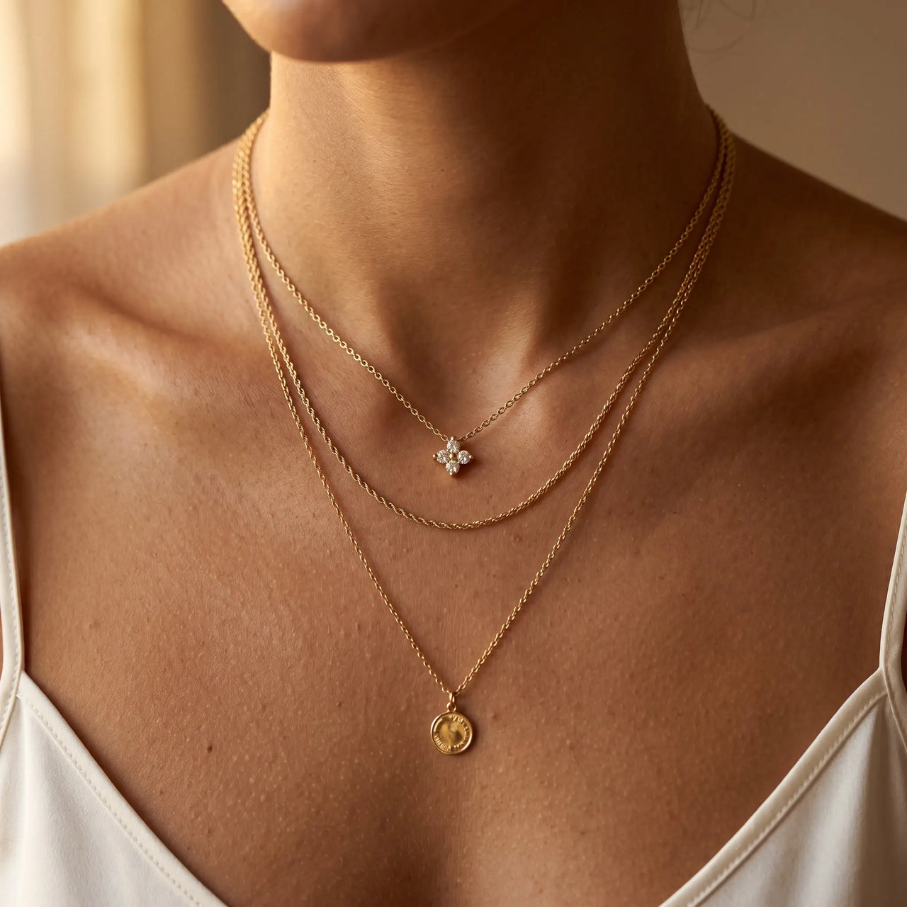 Crystal Flower necklace layered with rope chain and disc pendant on Italian model décolleté — dainty signature in multi-necklace stack, quiet luxury styling