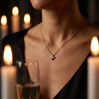 Thumbnail for Crystal Flower necklace catching candlelight on Italian woman décolleté in evening cocktail bar — whispers but turns heads, brilliant sparkle in low light