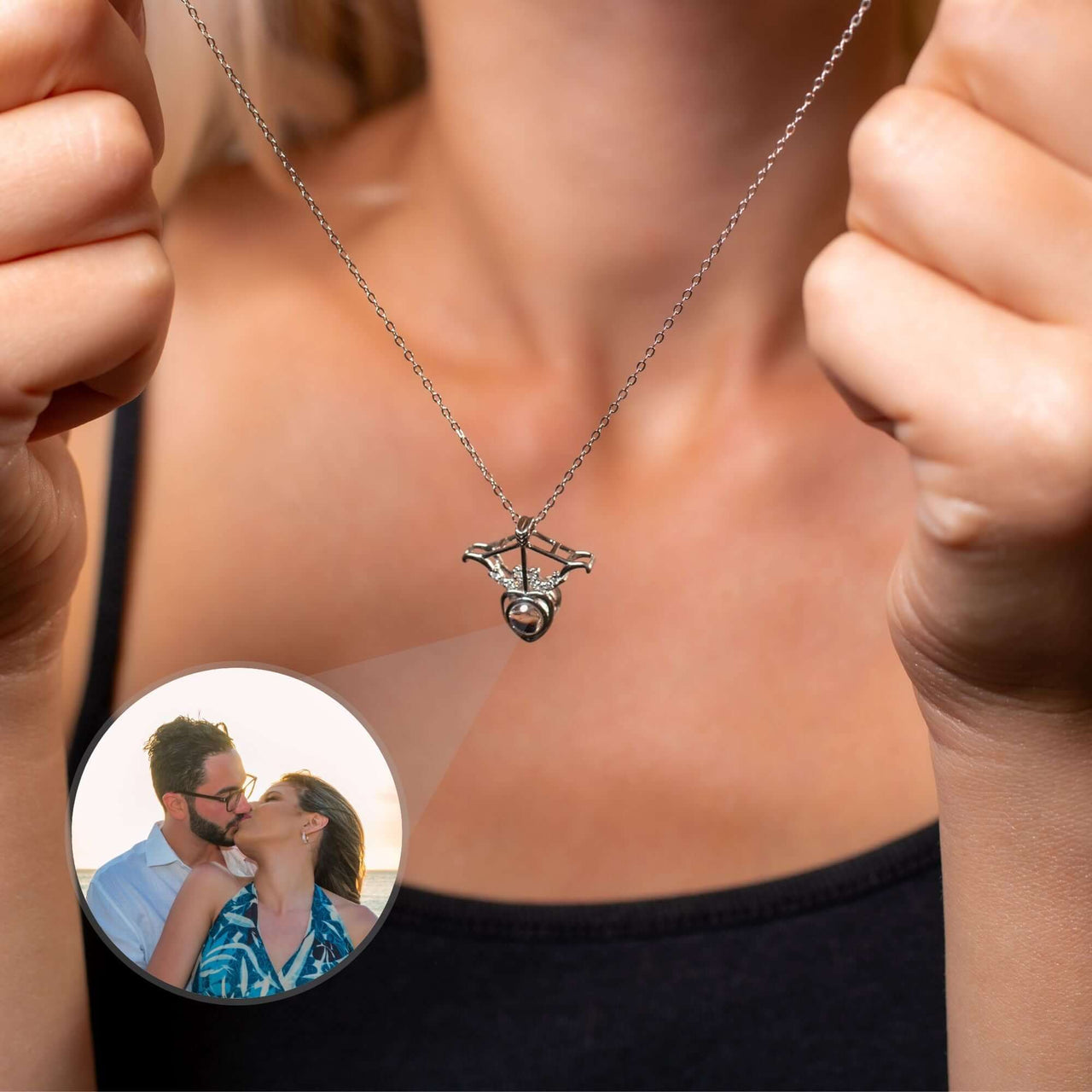 Horn Photo Necklace worn by a woman, showcasing a personalized photo locket by Brother & Sisters.