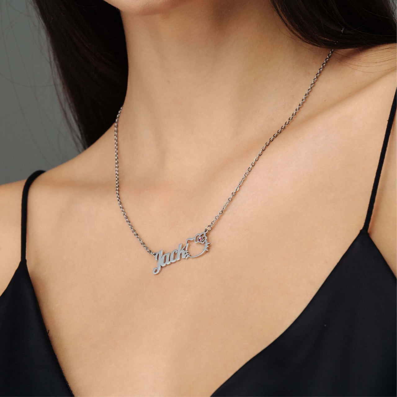 Kitty Name Necklace by Brother & Sisters, featuring customizable name "Jack" in elegant silver design.