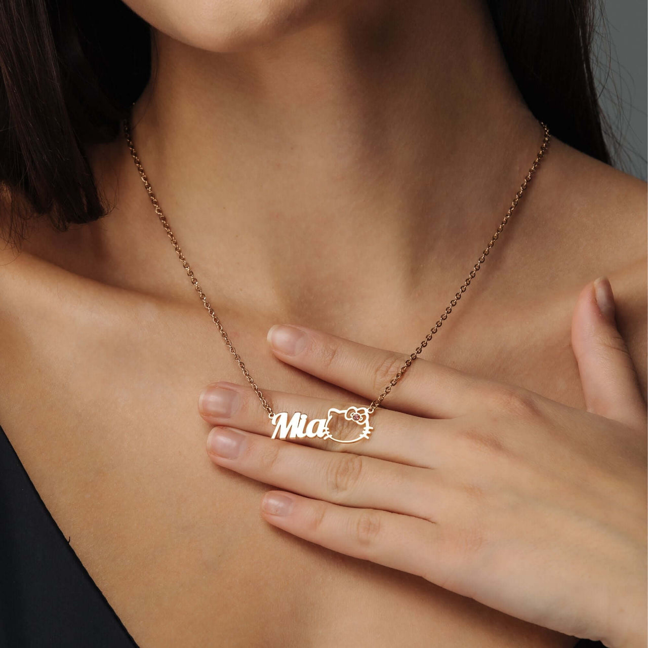 Kitty Name Necklace featuring customizable name 'Mia' by Brother & Sisters, stylish and personal accessory.