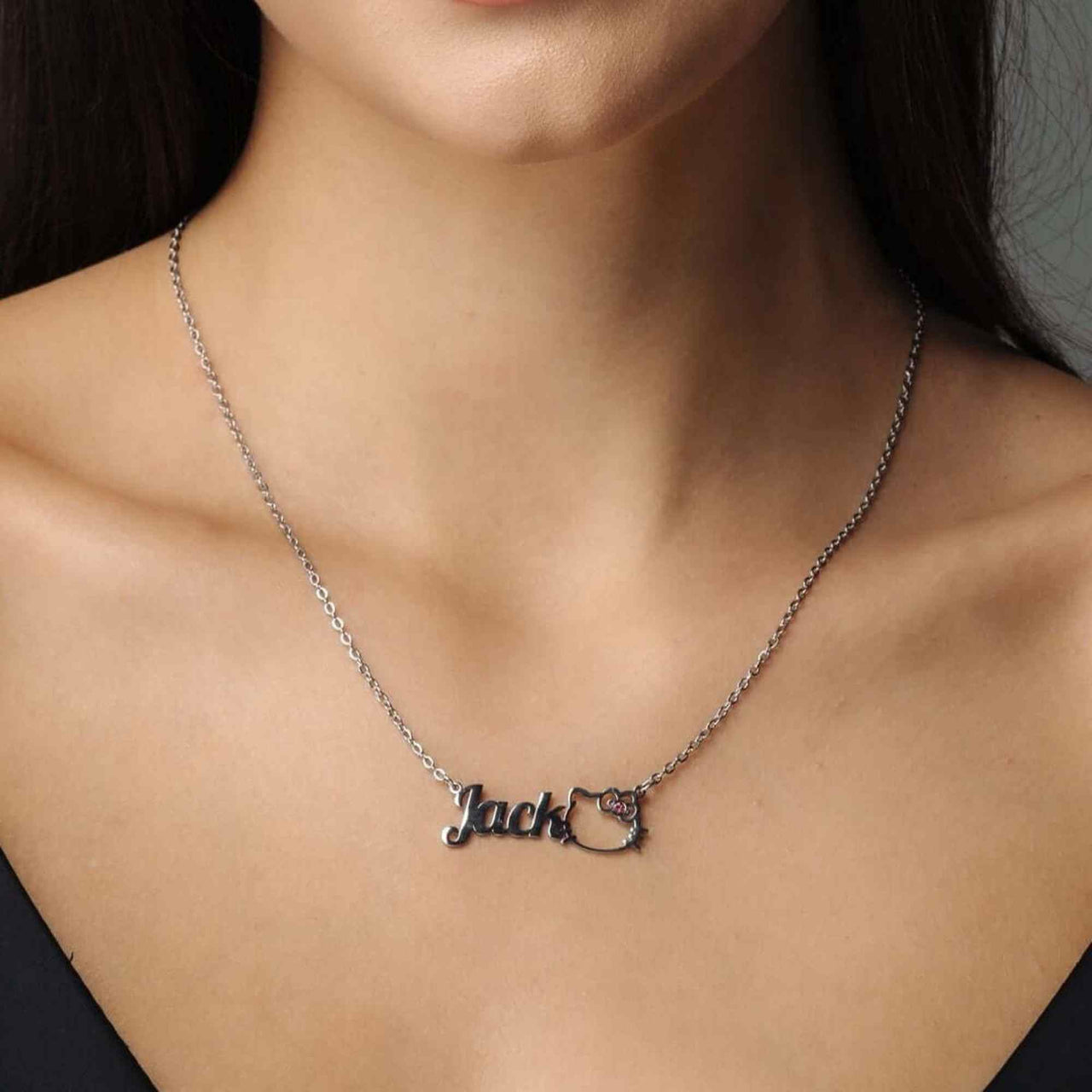 Kitty Name Necklace personalized for Jack, stylish accessory by Brother & Sisters on model.