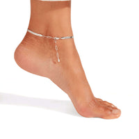 Thumbnail for Layla silver anklet profile view on bare ankle — flat snake chain with adjustable extension chain visible