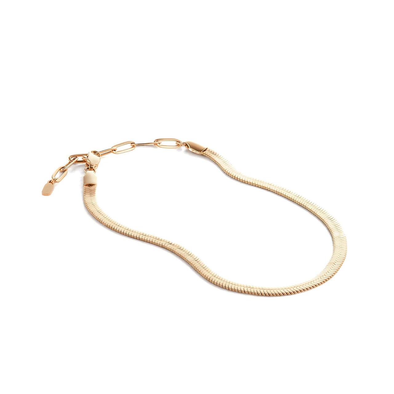 Layla anklet gold packshot — flat herringbone snake chain with paperclip extension and B&S signature tag, waterproof stainless steel