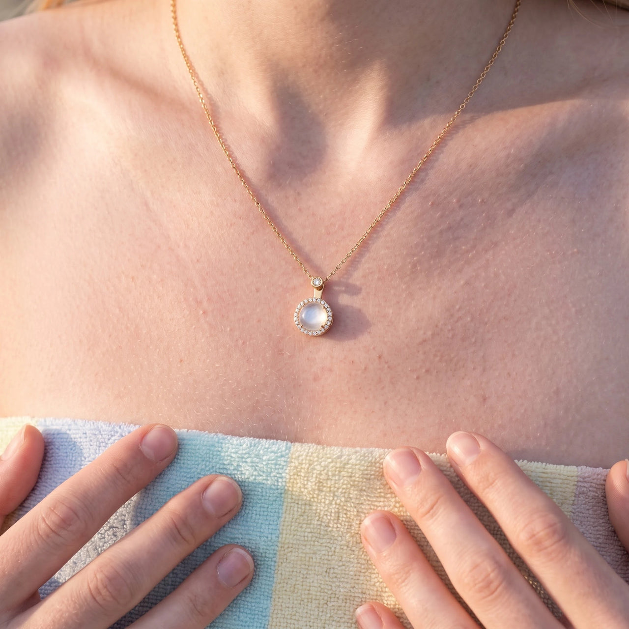 The Moonstone, gold necklace — real size | SKU: lelunaire