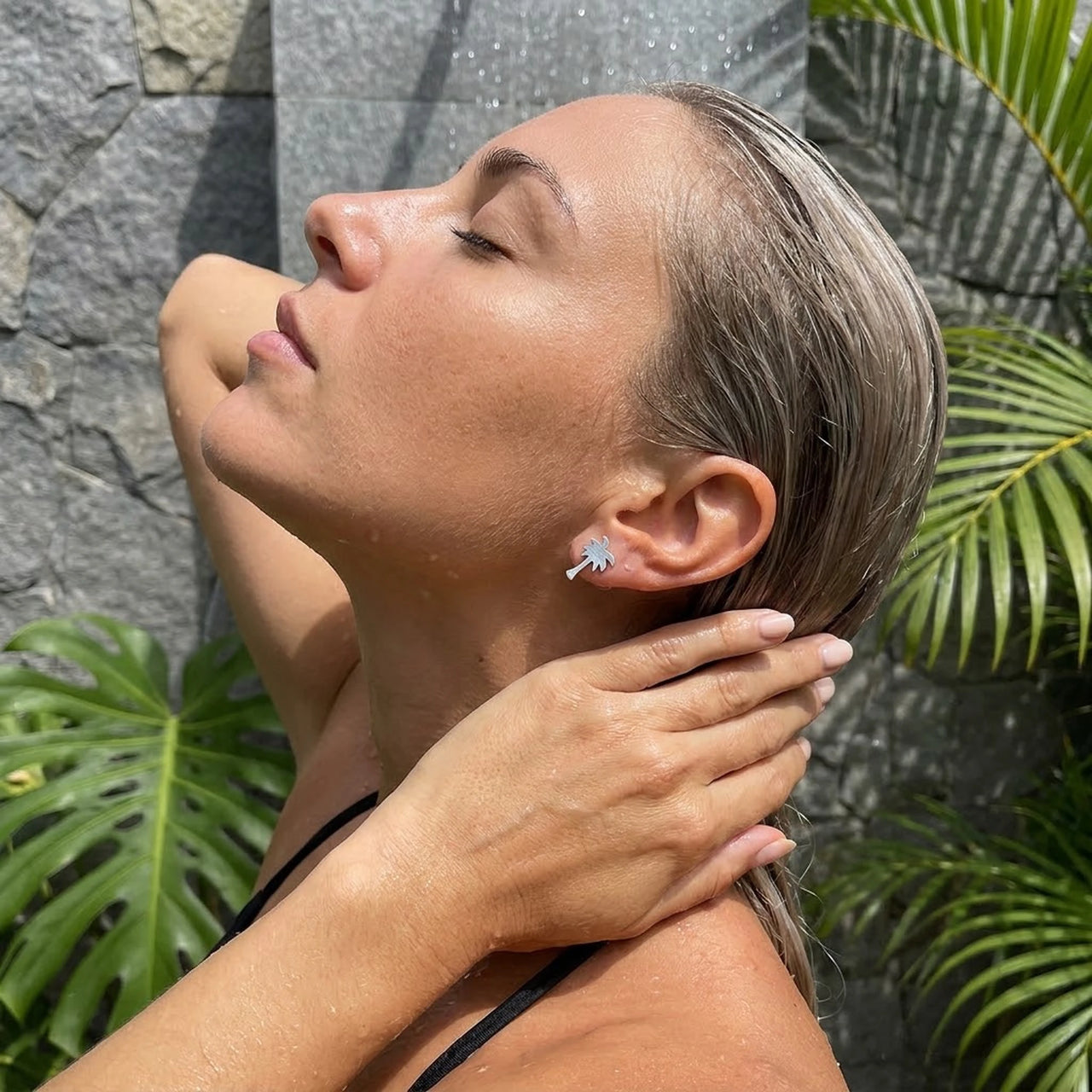 Orecchini palma — foto indossata sotto la doccia, waterproof, argento | SKU: 10287609-silver-plated