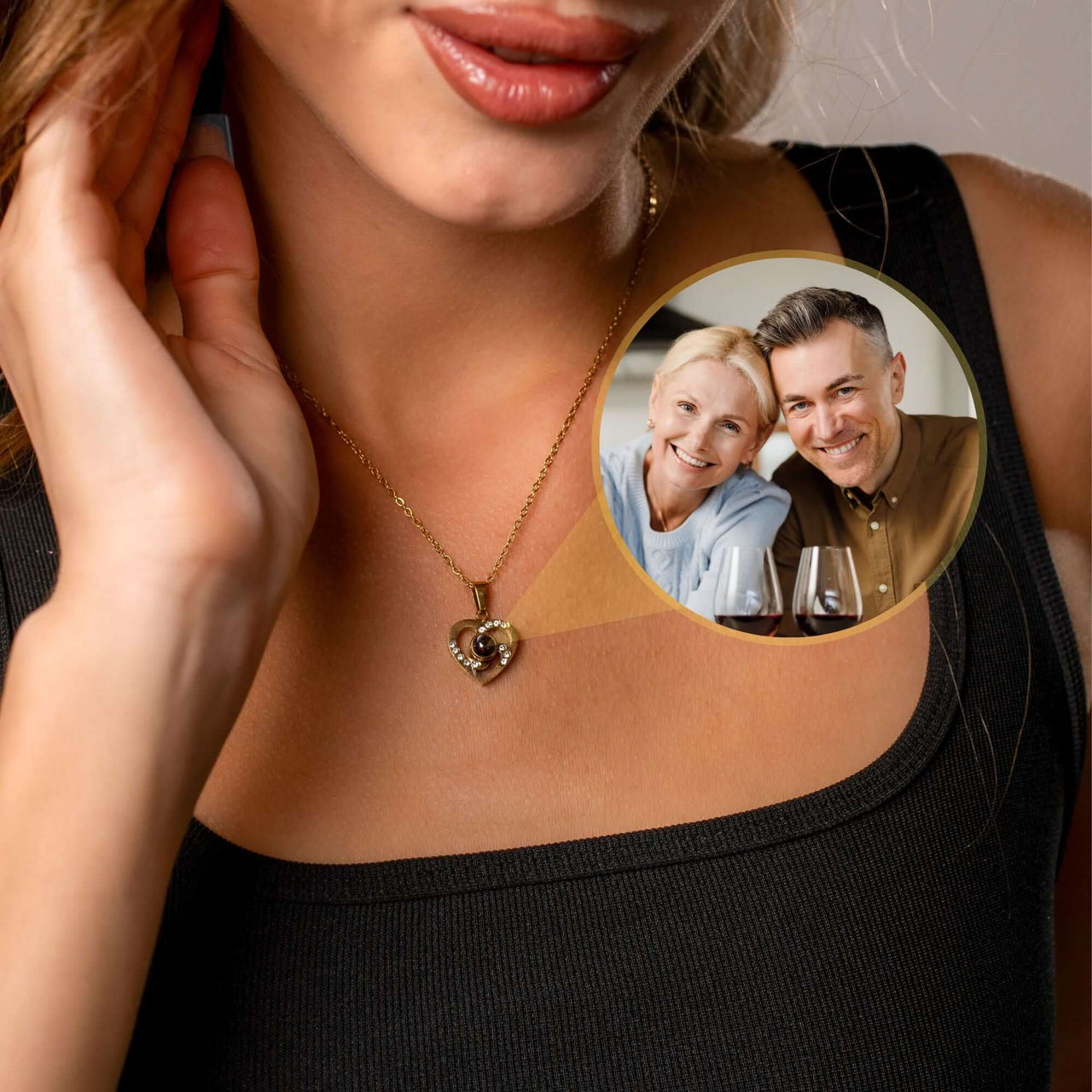 Love Photo Necklace worn by a woman, showcasing heart-shaped pendant with a personalized photo inside. Brother & Sisters.