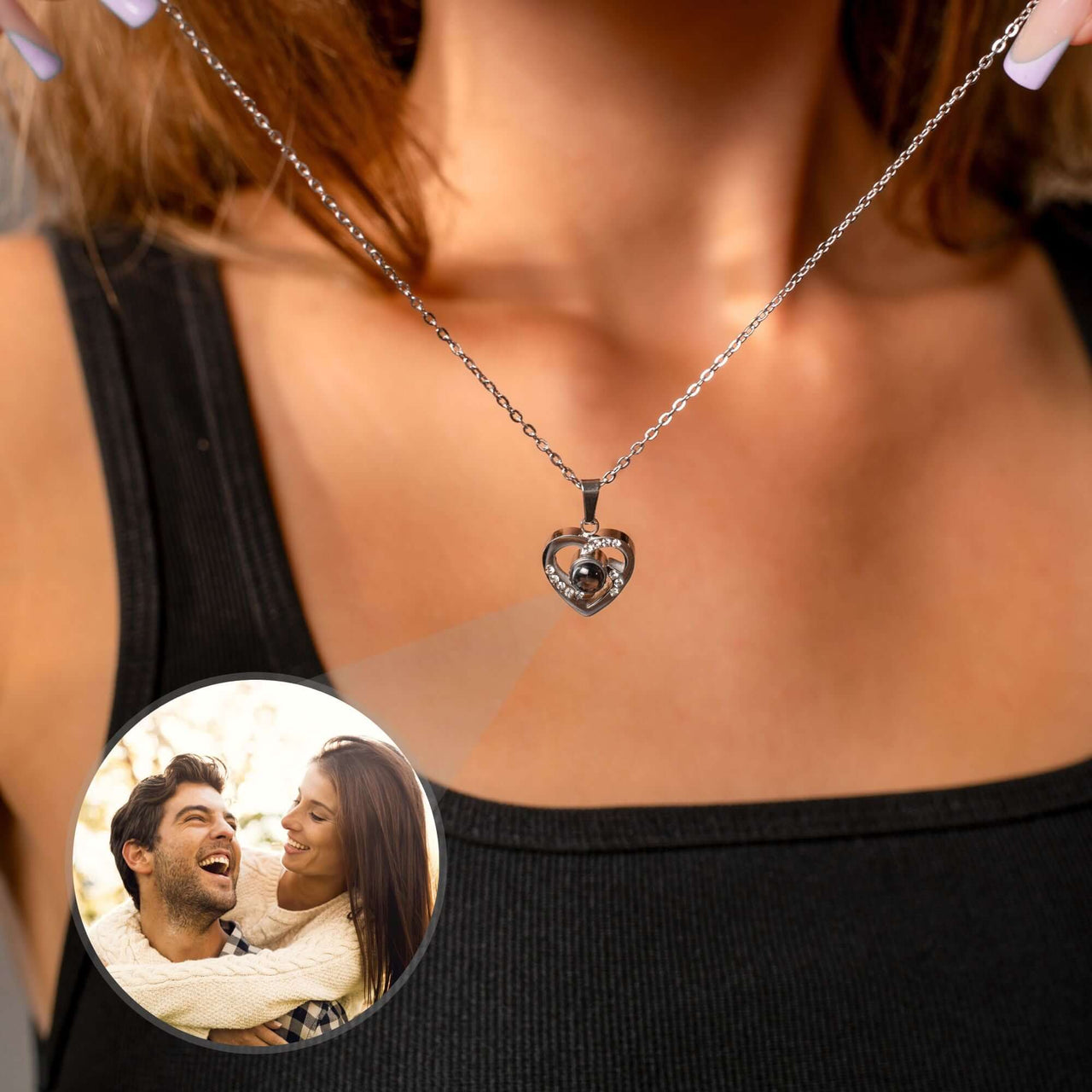 Love Photo Necklace featuring a heart-shaped pendant with a couple's photo, perfect personalized keepsake by Brother & Sisters.