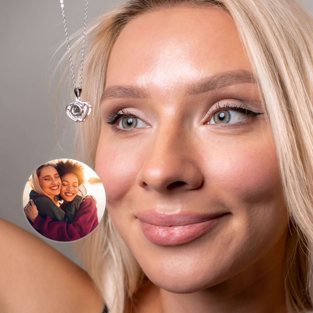 Lovers Photo Necklace worn by a woman, featuring a customizable heart pendant with a hidden photo locket by Brother & Sisters.