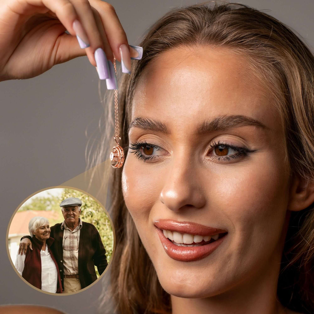 Lucky Moon Photo Necklace held by a woman, featuring a cherished photo of loved ones in the pendant, by Brother & Sisters.