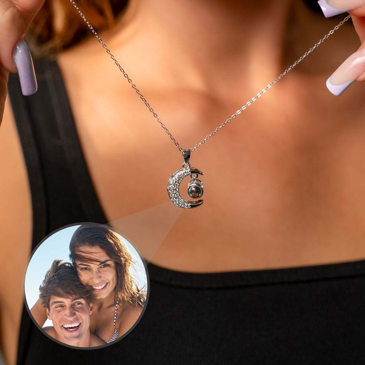 Lucky Moon Photo Necklace by Brother & Sisters showing personal photo projection and elegant design.