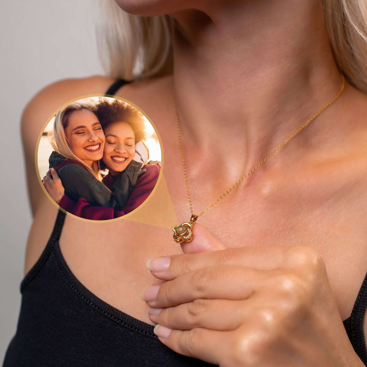 Beautiful woman showcasing Luxurious Photo Necklace with cherished photo, designed by Brother & Sisters.