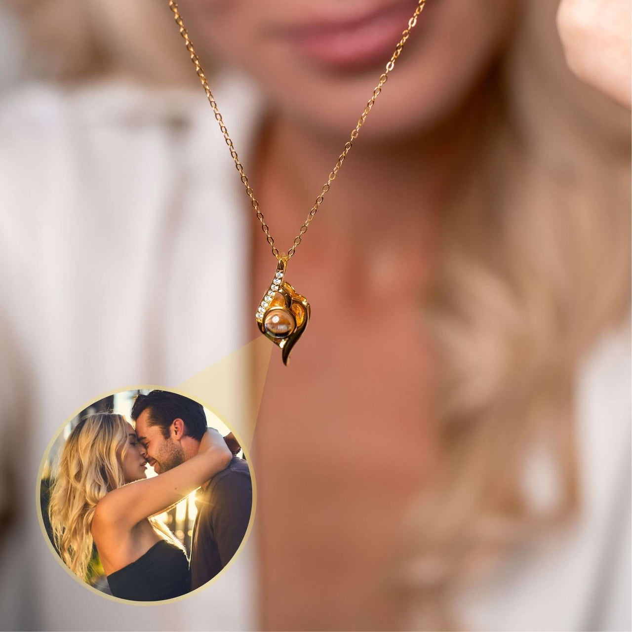 Luxury Photo Necklace by Brother & Sisters showcasing a pendant revealing a hidden photo under light.