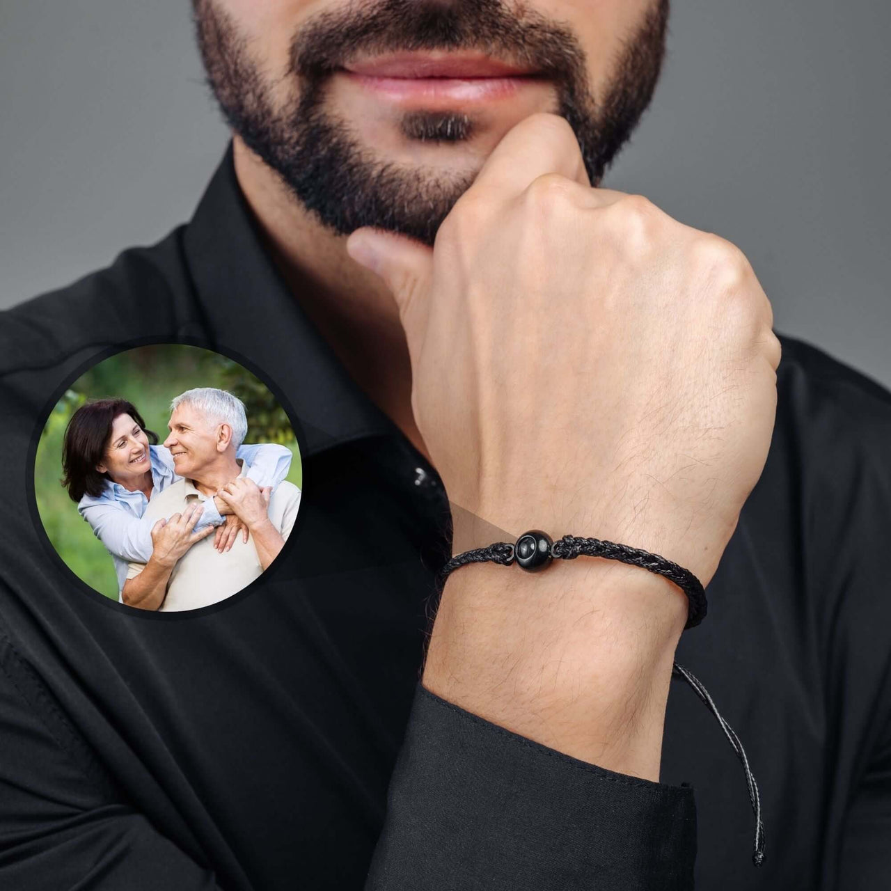 Classic Photo Bracelet worn on man's wrist, showcasing customizable photo charm by Brother & Sisters.