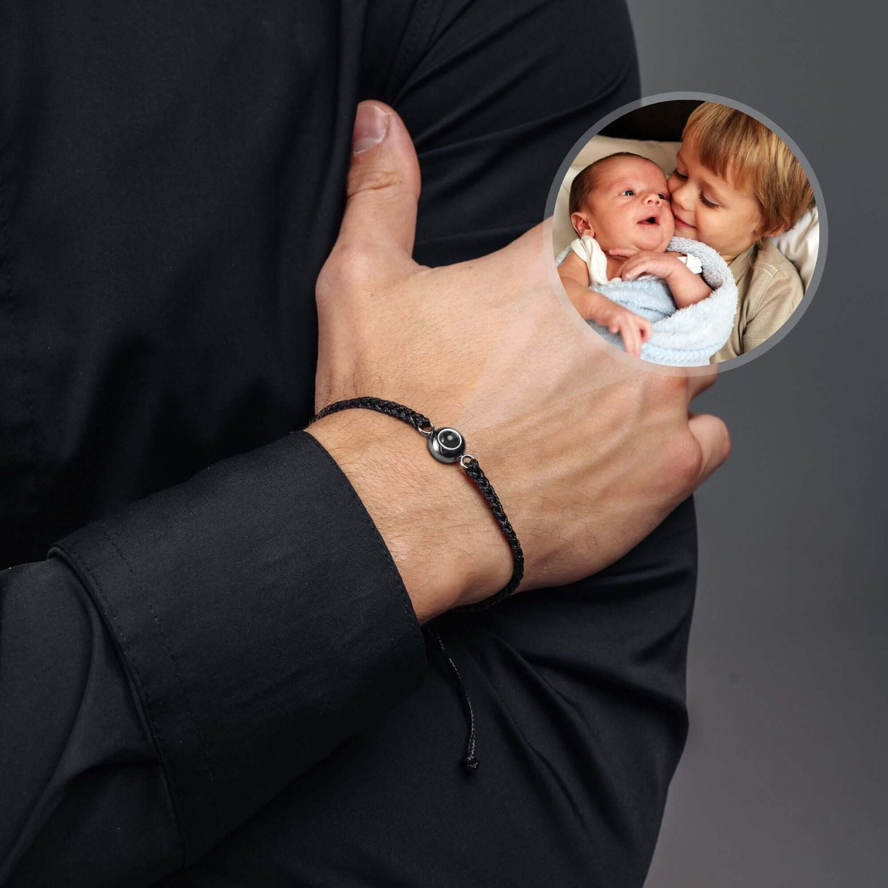Classic Photo Bracelet featuring customizable photo charm, worn by a man, showcasing cherished moments.