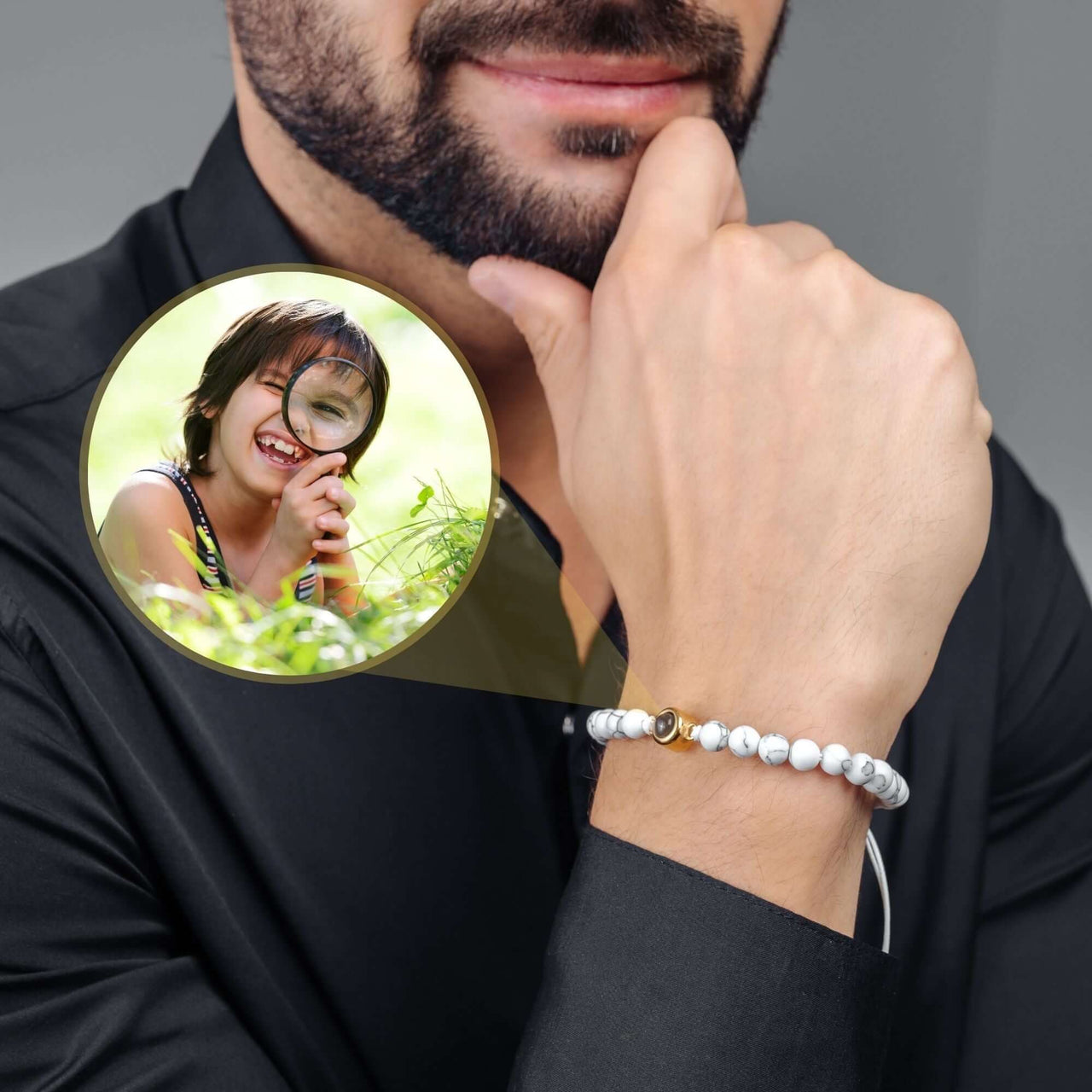 Minimalist Photo Bracelet on a man's wrist with a photo of a child, handcrafted by Brother & Sisters.