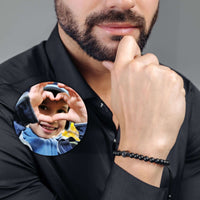 Thumbnail for Minimalist Photo Bracelet featuring a man wearing lava stone beads and a photo of a child making a heart gesture.