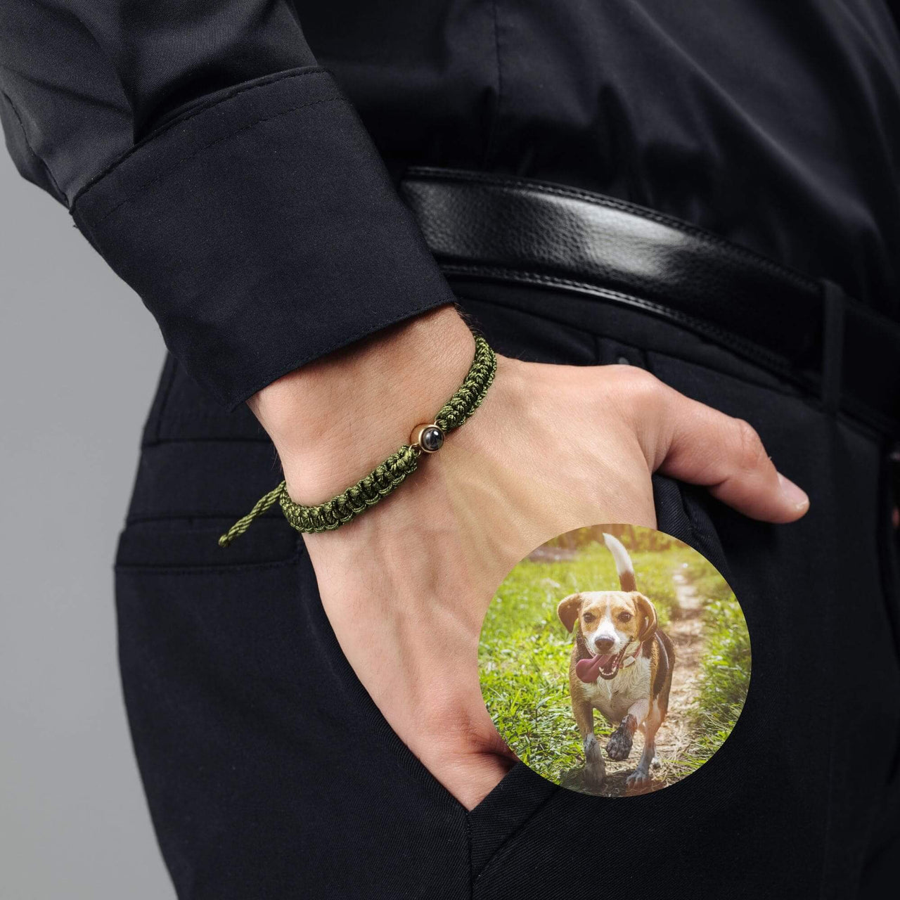 Man Olive Photo Bracelet on a man's wrist, featuring a circle pendant with a dog photo. By Brother & Sisters.