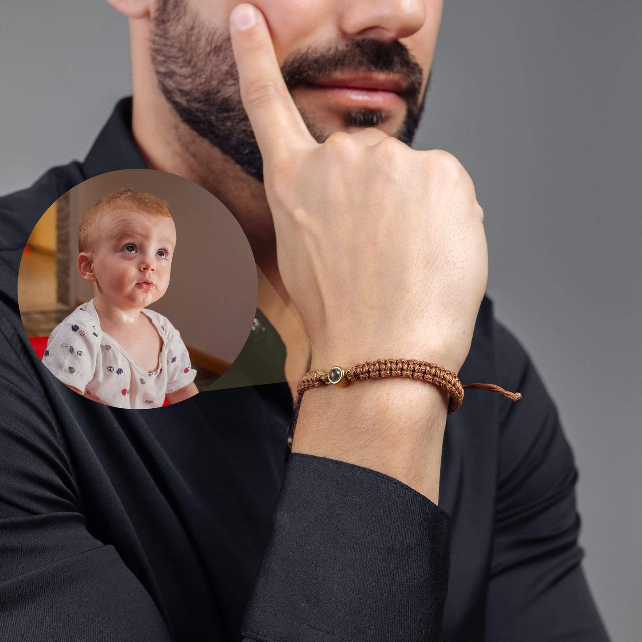 Man Brown Photo Bracelet worn on a man's wrist featuring a photo of a child, designed by Brother & Sisters.