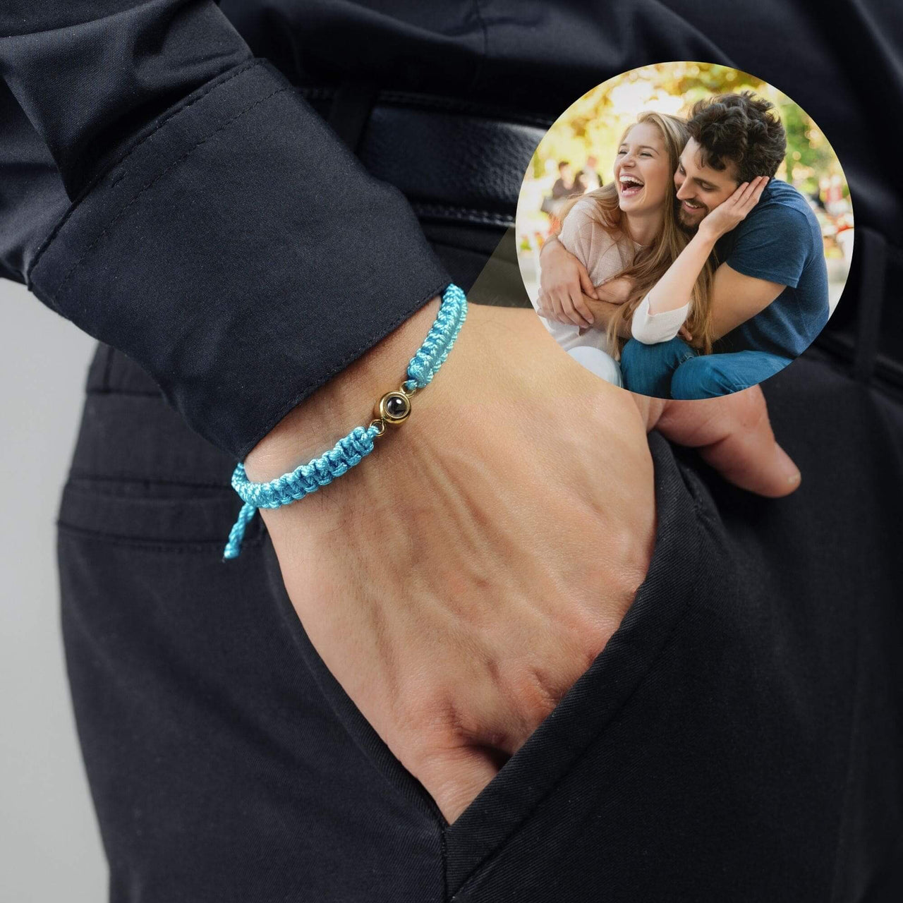 Man Blue Photo Bracelet featuring a blue braided design and a photo of a happy couple, perfect gift from Brother & Sisters.