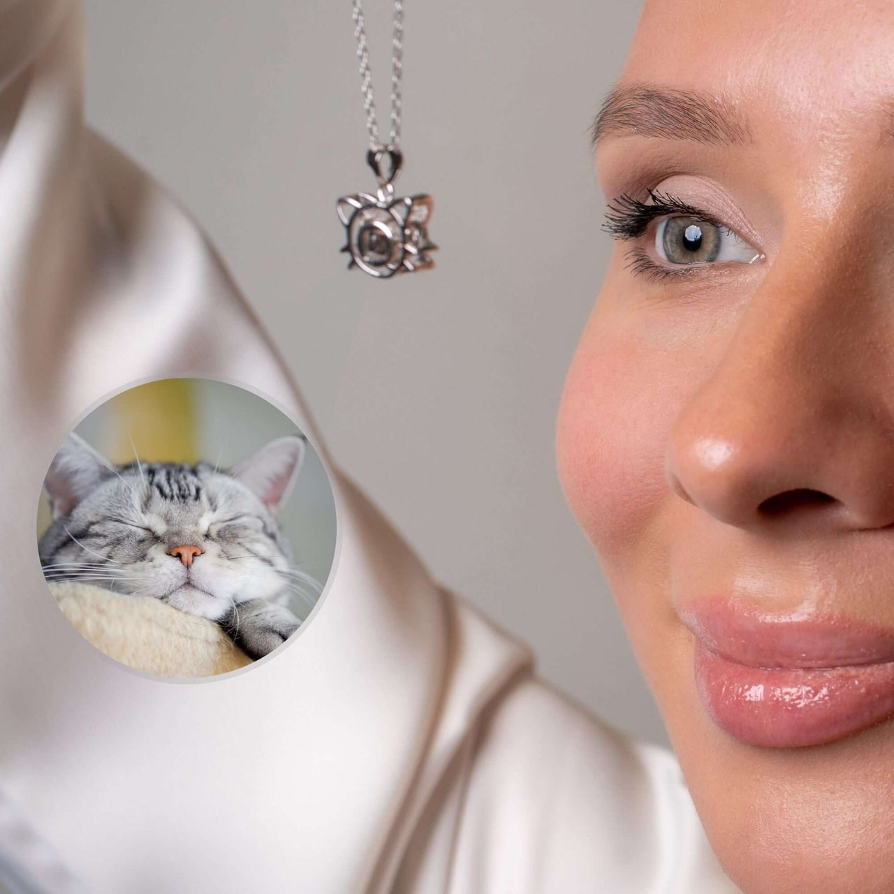 Woman wearing Meow Photo Necklace featuring a sleeping cat photo, personalized jewelry by Brother & Sisters.