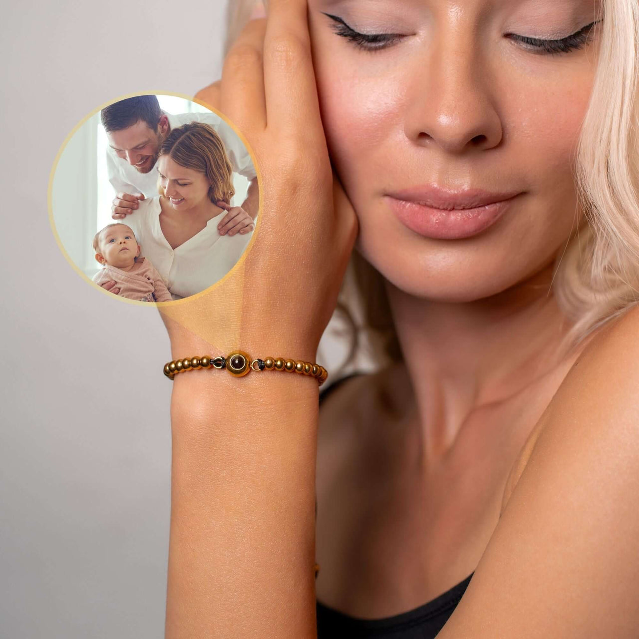 Woman wearing a Metallic Photo Bracelet showcasing a loved one's photo, by Brother & Sisters.