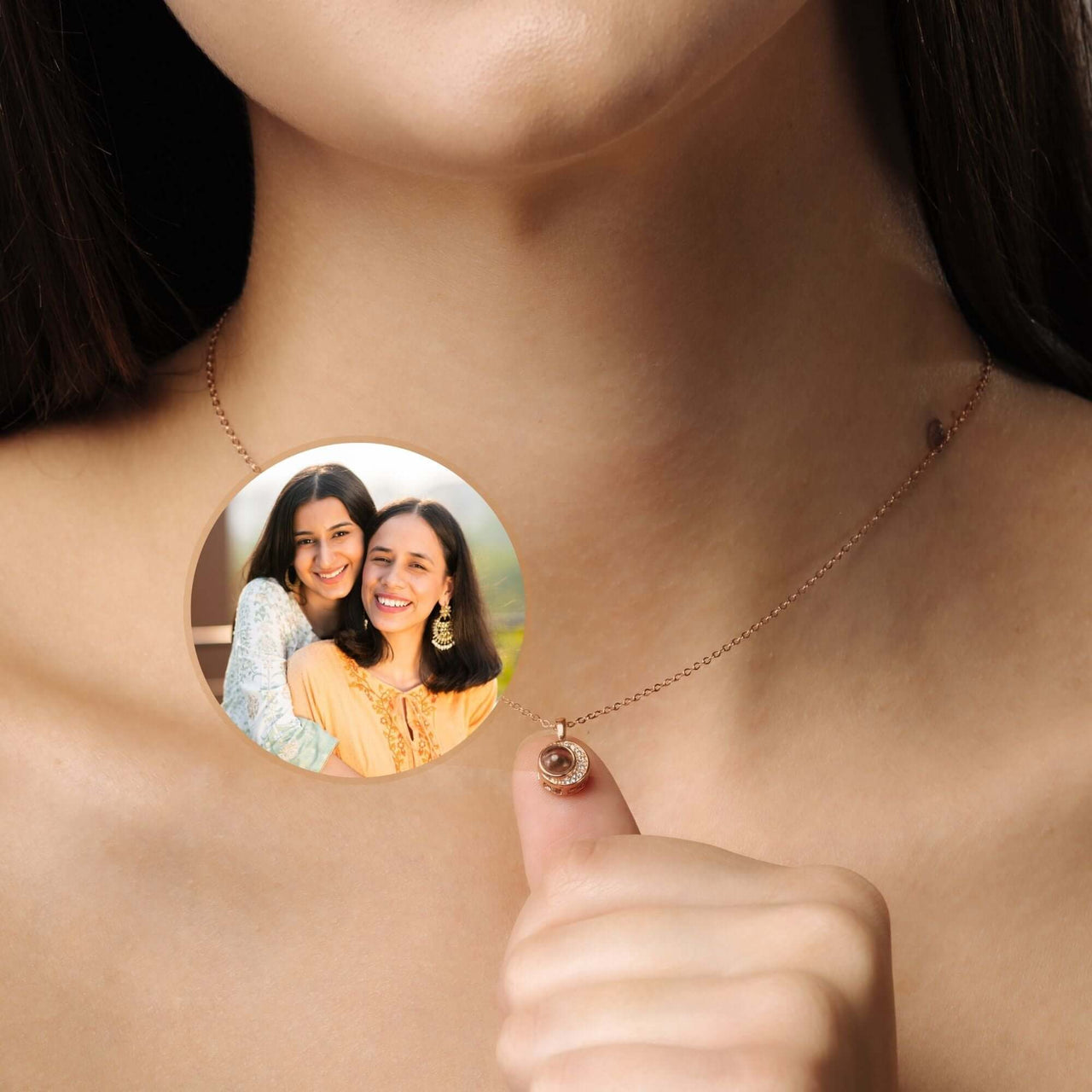 Moonlight Photo Necklace featuring a personalized photo pendant by Brother & Sisters, showcasing cherished memories.