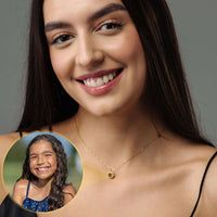 Thumbnail for Moonlight Photo Necklace featuring a smiling girl photo in a moon-shaped pendant by Brother & Sisters.