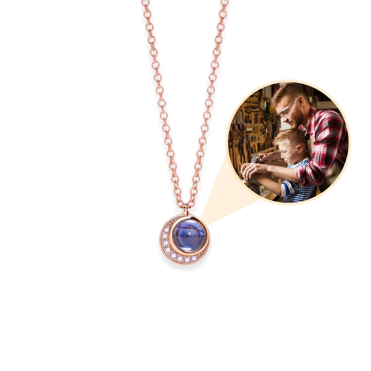 Moonlight Photo Necklace featuring moon-shaped pendant by Brother & Sisters, holding cherished memories.