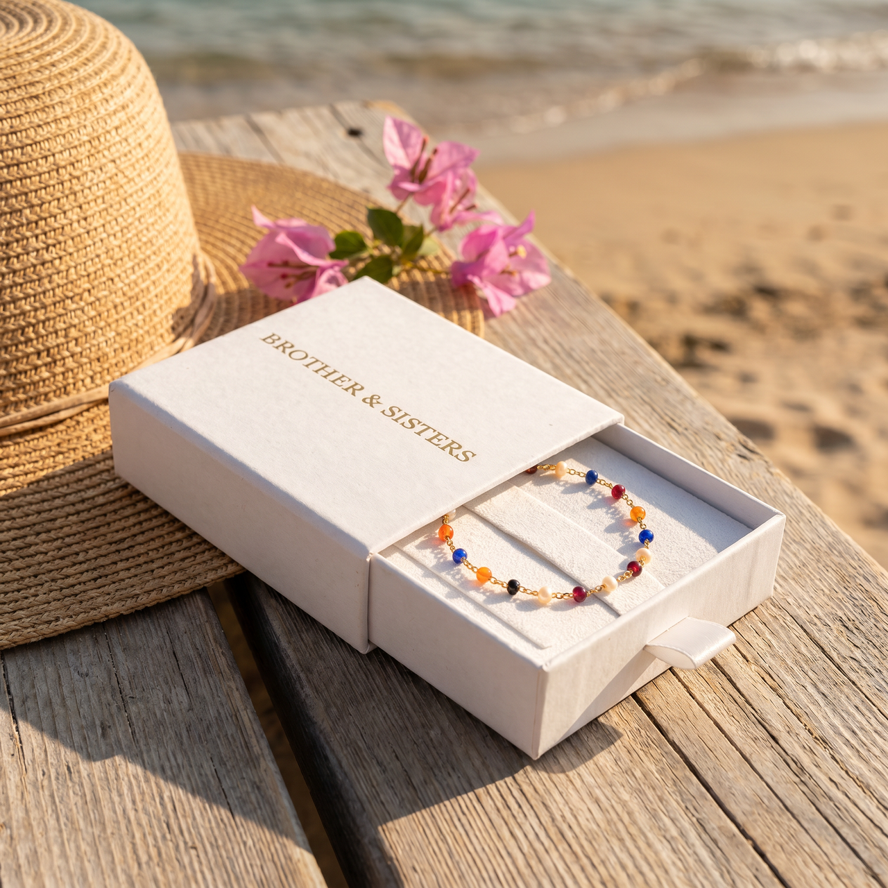 Multicolour Bead Anklet in a Brother & Sisters box, showcasing vibrant jewel tones, perfect for summer days.